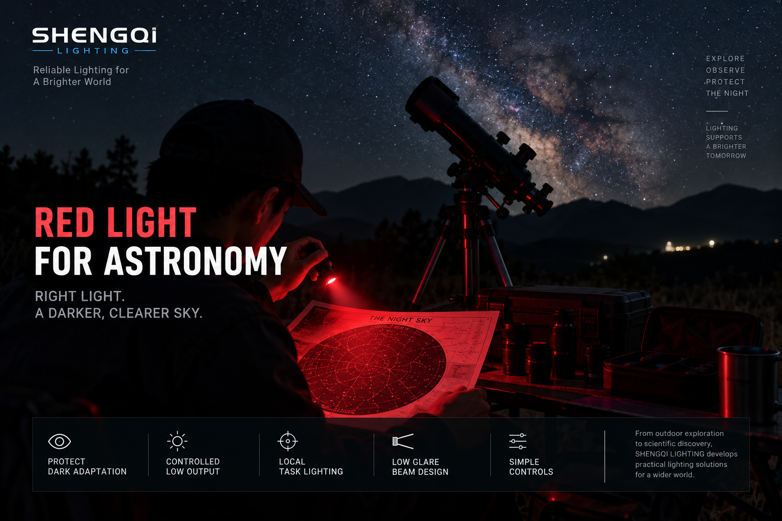 Red Light Flashlight for Astronomy: Brightness, Beam and Control Design